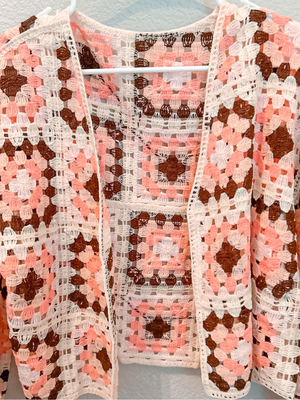 Boho Crochet Granny Square Long Sleeve Cardigan Pink Ivory L/XL Cottage Grandma - Picture 2 of 8